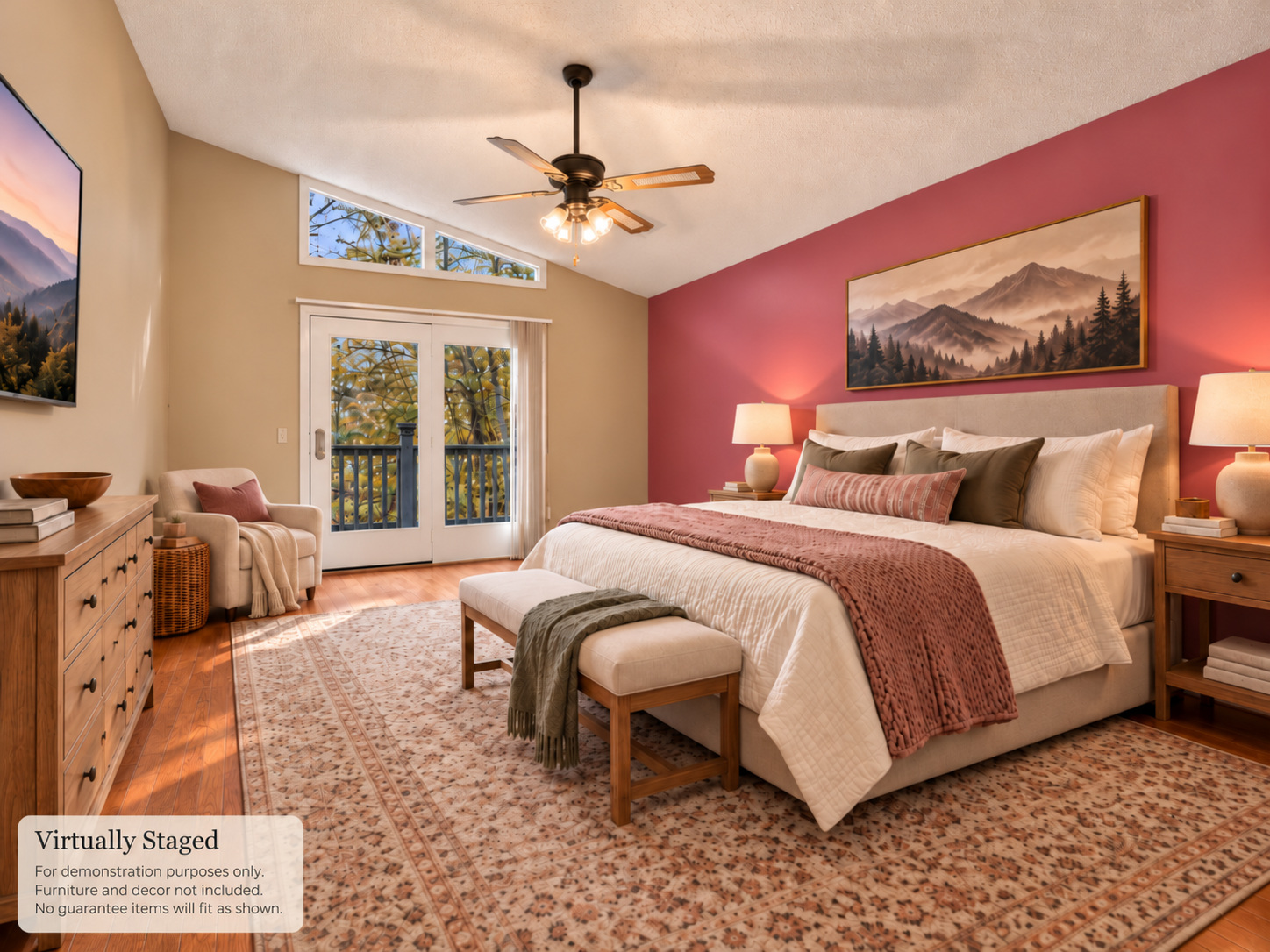 Digitally staged illustration of the primary bedroom with bed, textiles, rug and bedside furniture