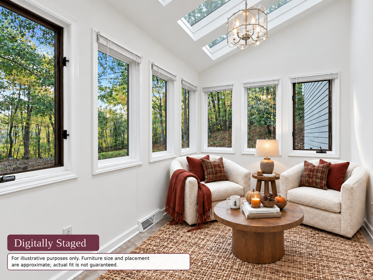Digitally staged illustration of the same sunroom with armchairs, rug and small coffee table
