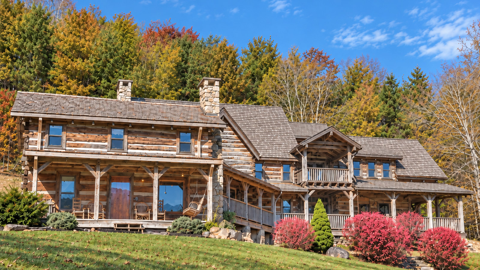 Weathered log cabin with wide covered porches and autumn trees in the North Carolina mountains