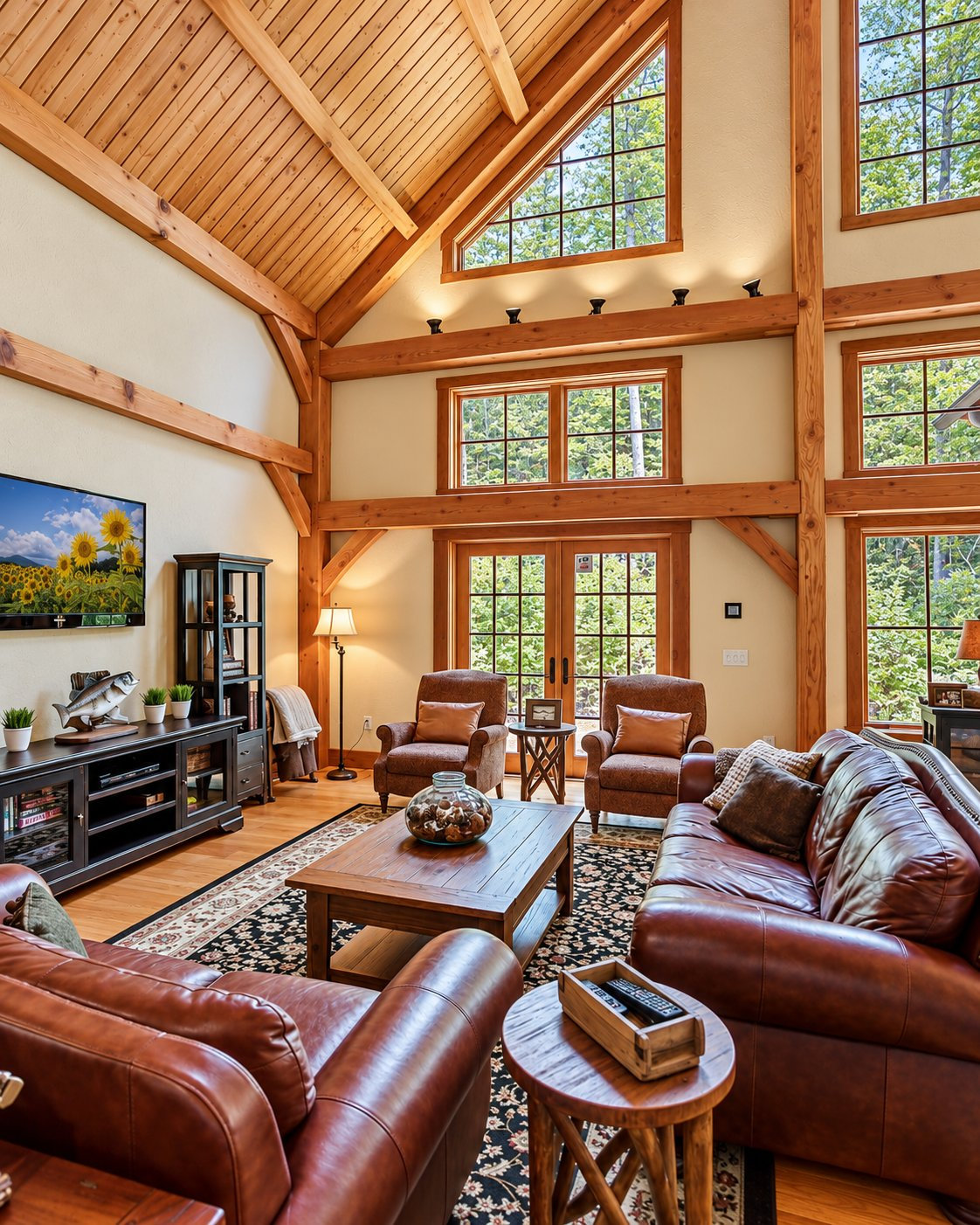 Carefully polished image of the living room and timber framing at the Twin Rivers home