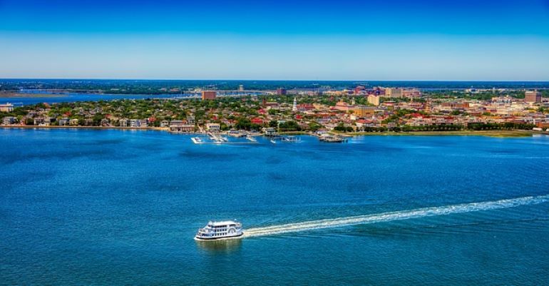 Ferry leaving a harbor.