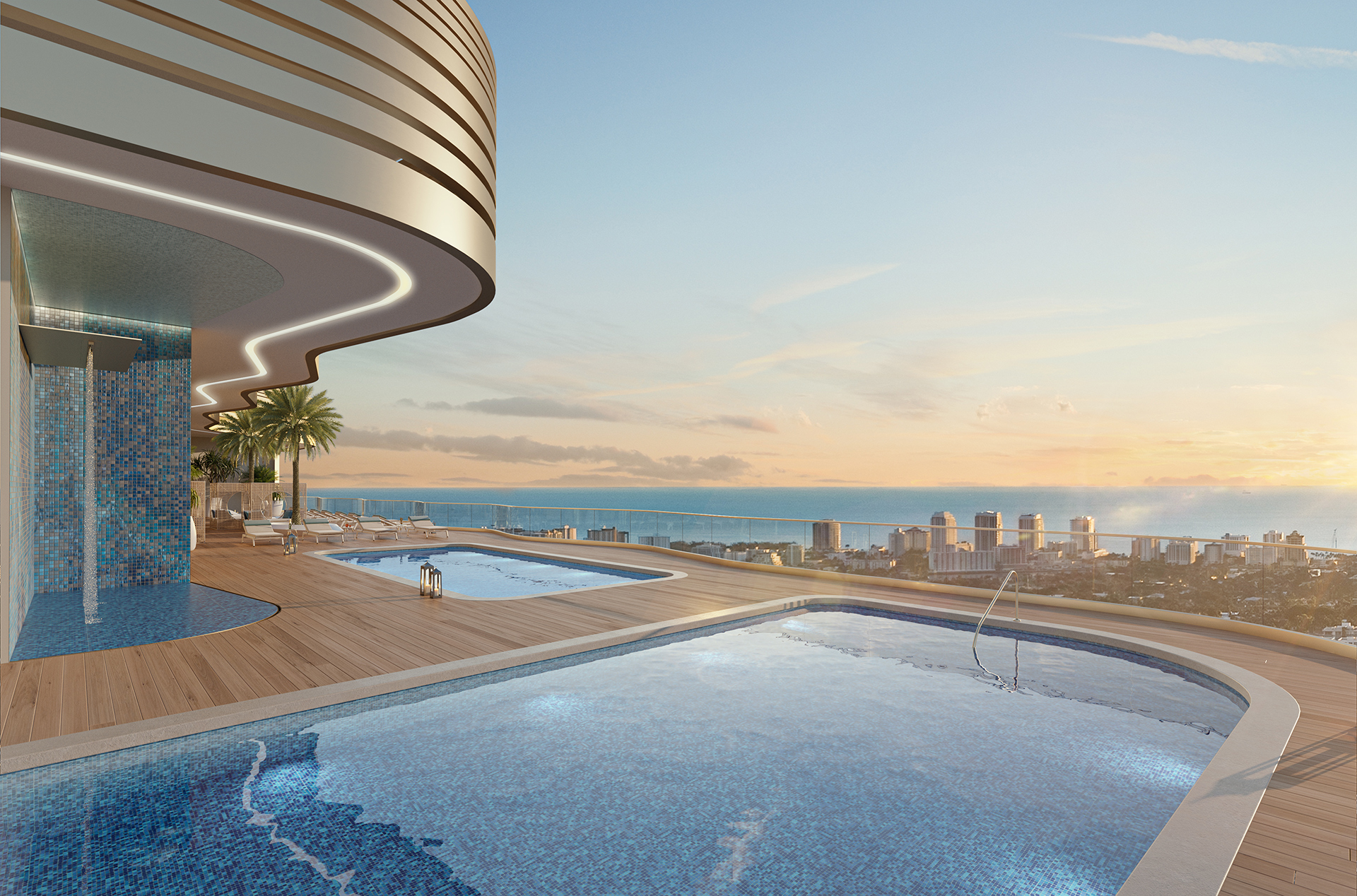 Andare Las Olas rooftop pool deck at sunrise with ocean views