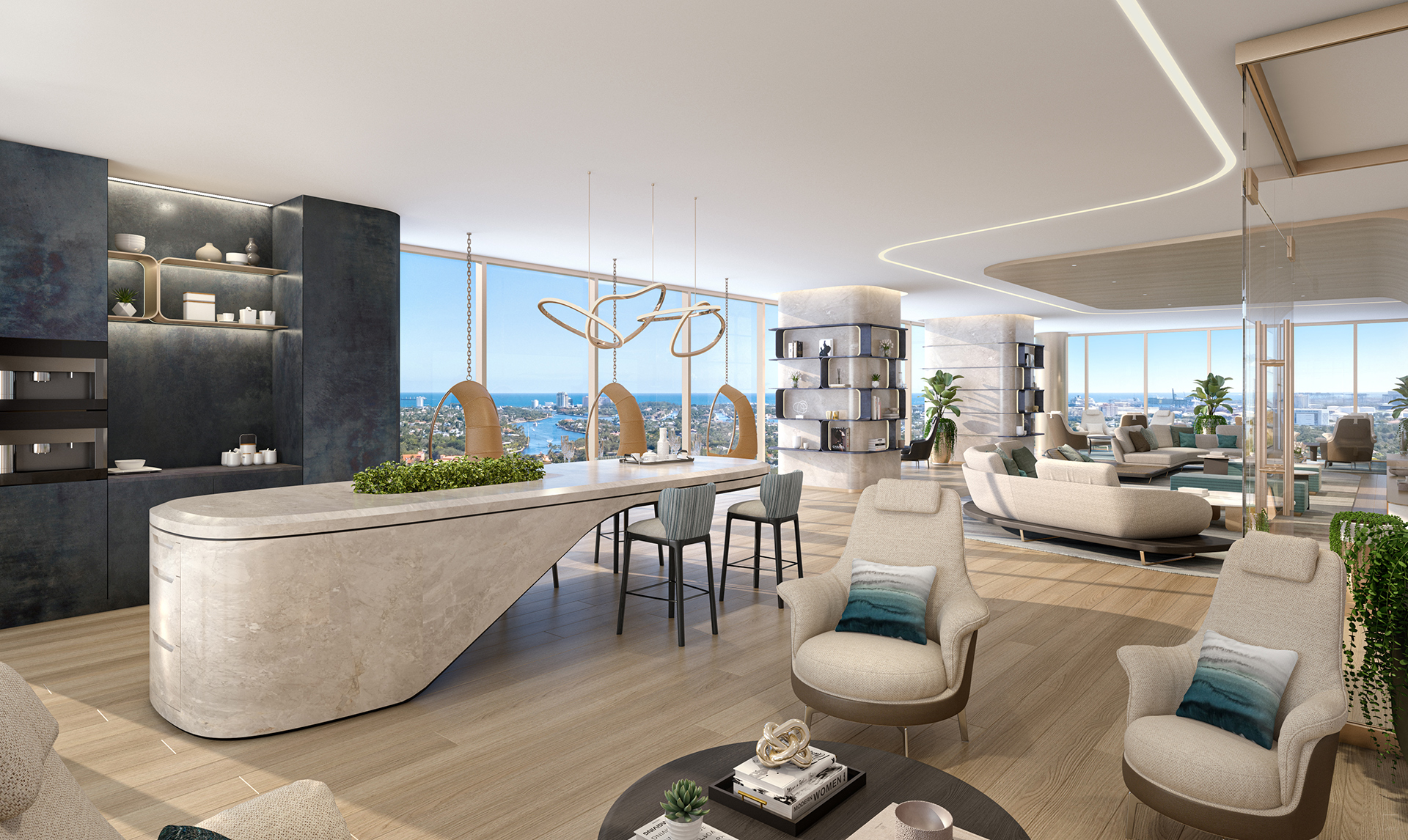 Andare Las Olas club lounge with open kitchen and city views