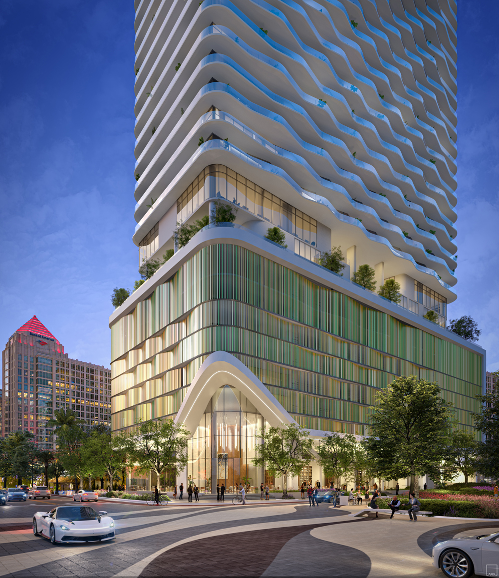 Andare Las Olas exterior corner view with curved balconies designed by Pininfarina, Fort Lauderdale