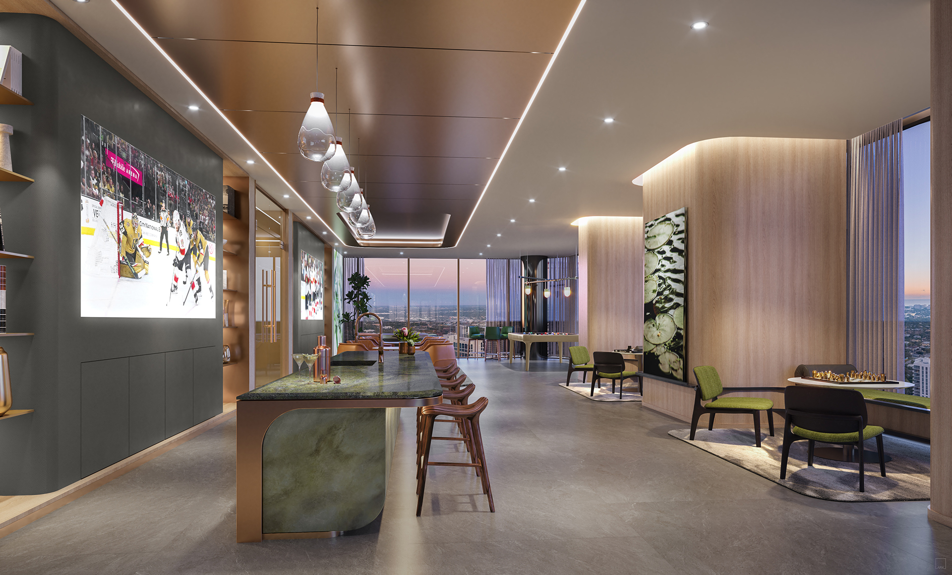 Andare Las Olas game lounge with bar seating and city views