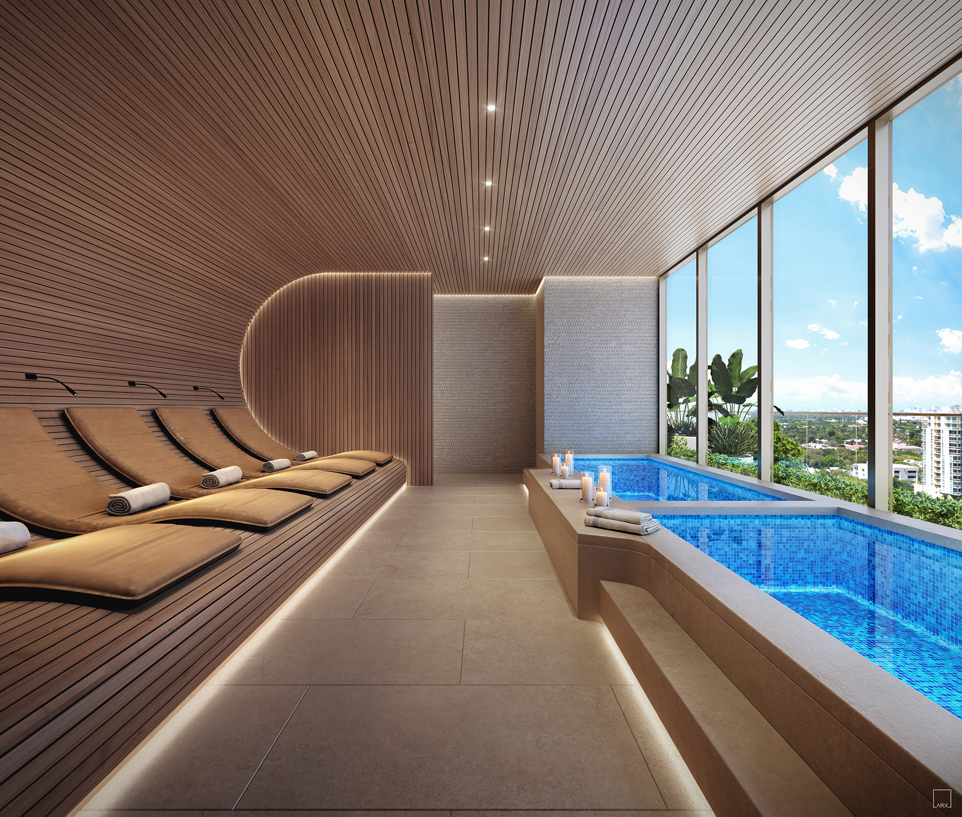 Andare Las Olas spa with lounge chairs and plunge pools overlooking the ocean