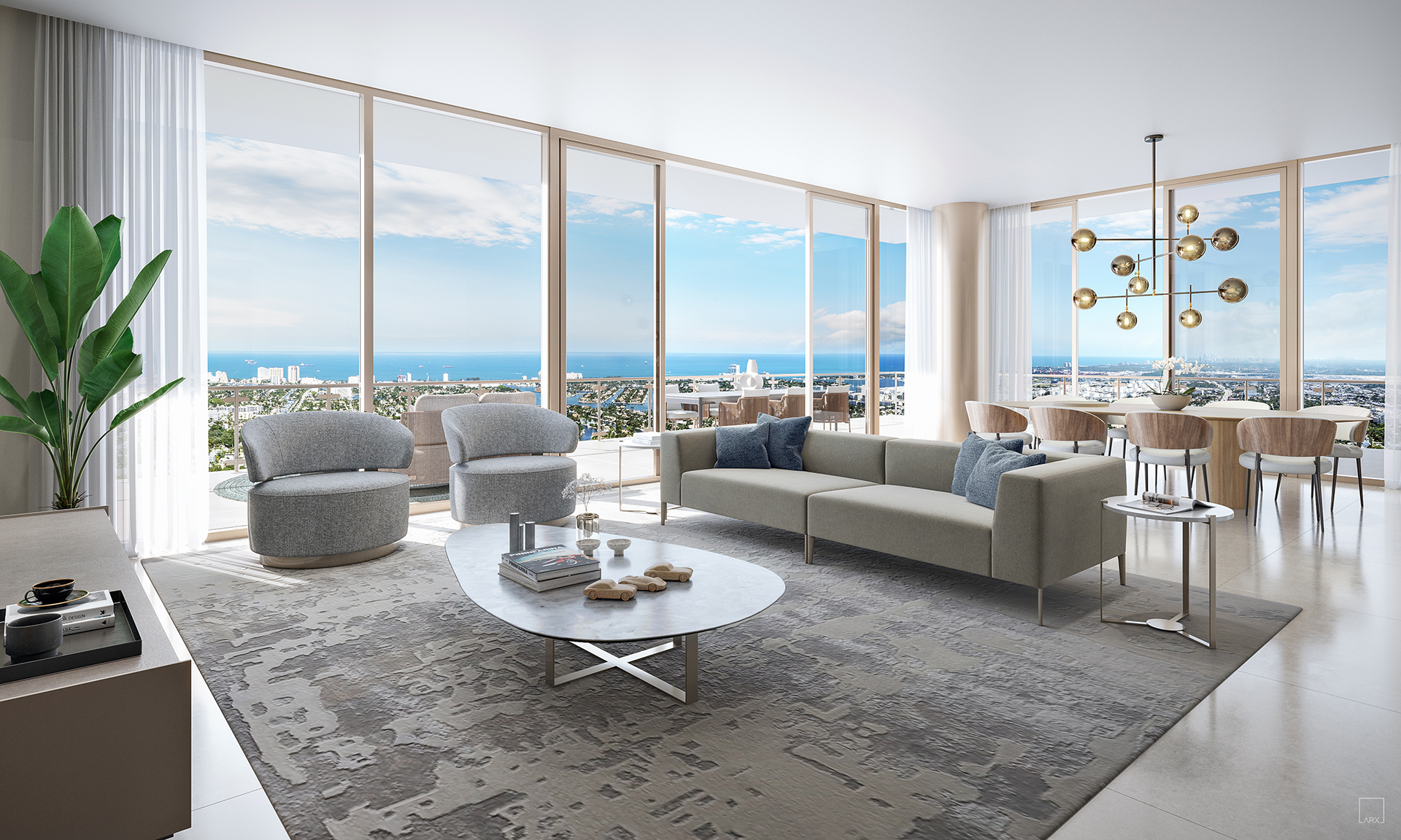 Andare Las Olas Residence D living and dining area with panoramic ocean views