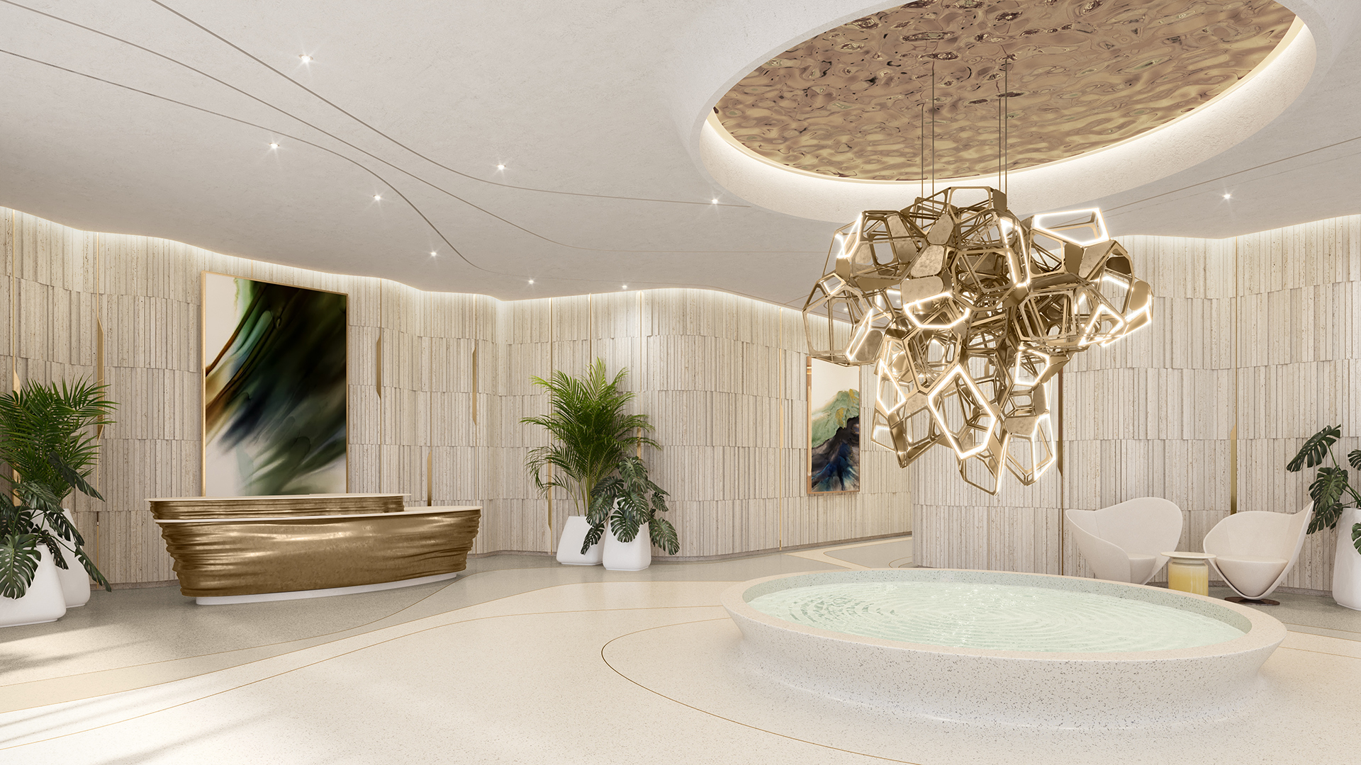 Andare Las Olas lobby with sculptural gold chandelier and reflecting pool