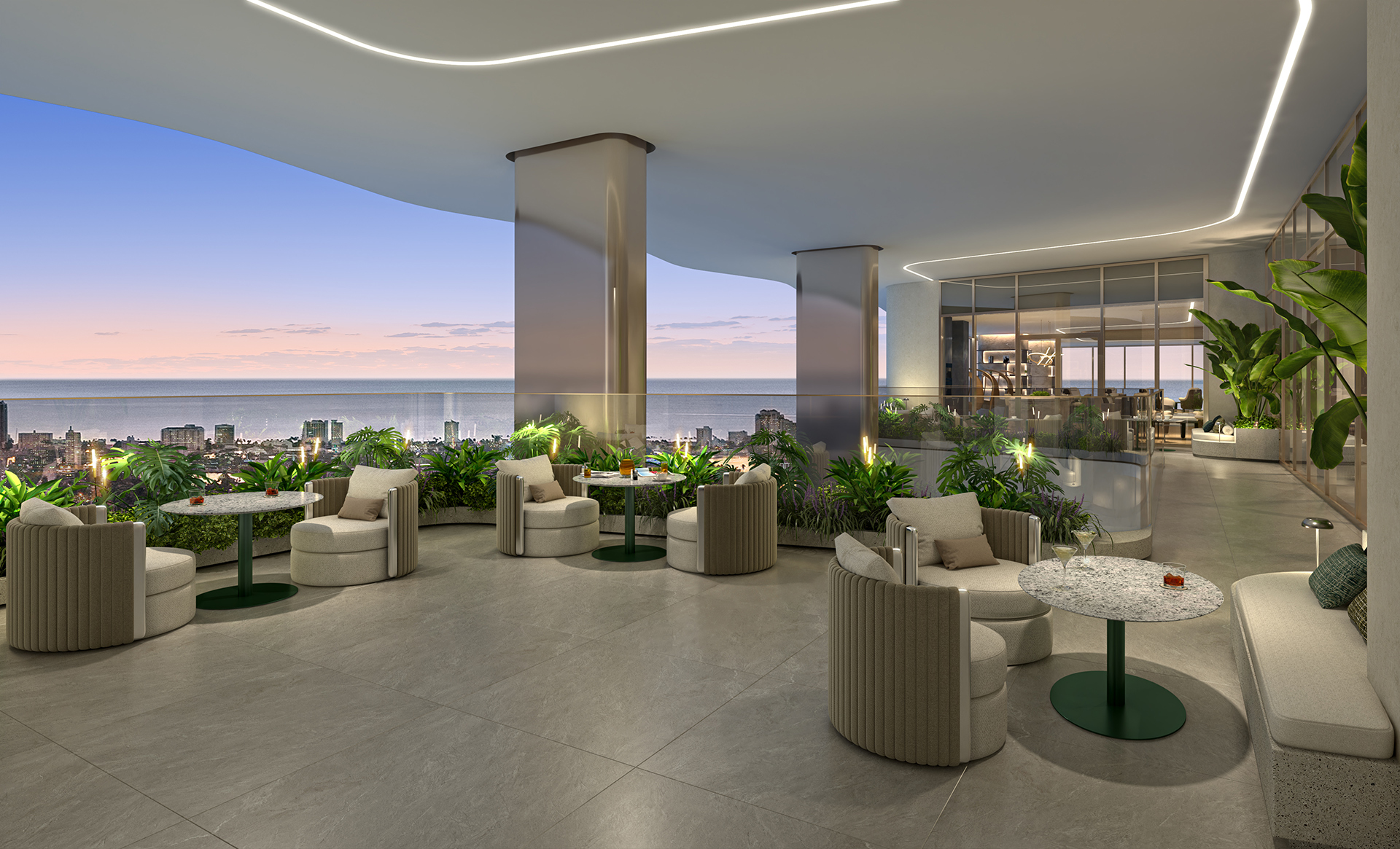 Andare Las Olas outdoor terrace lounge overlooking the ocean and Fort Lauderdale skyline