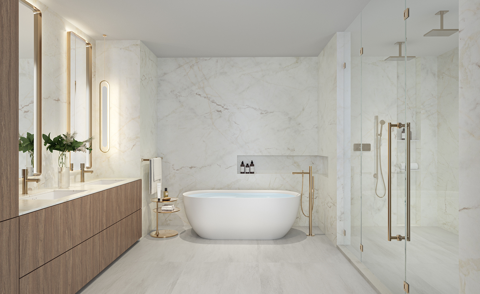 Andare Las Olas Residence D bathroom with marble finishes and soaking tub