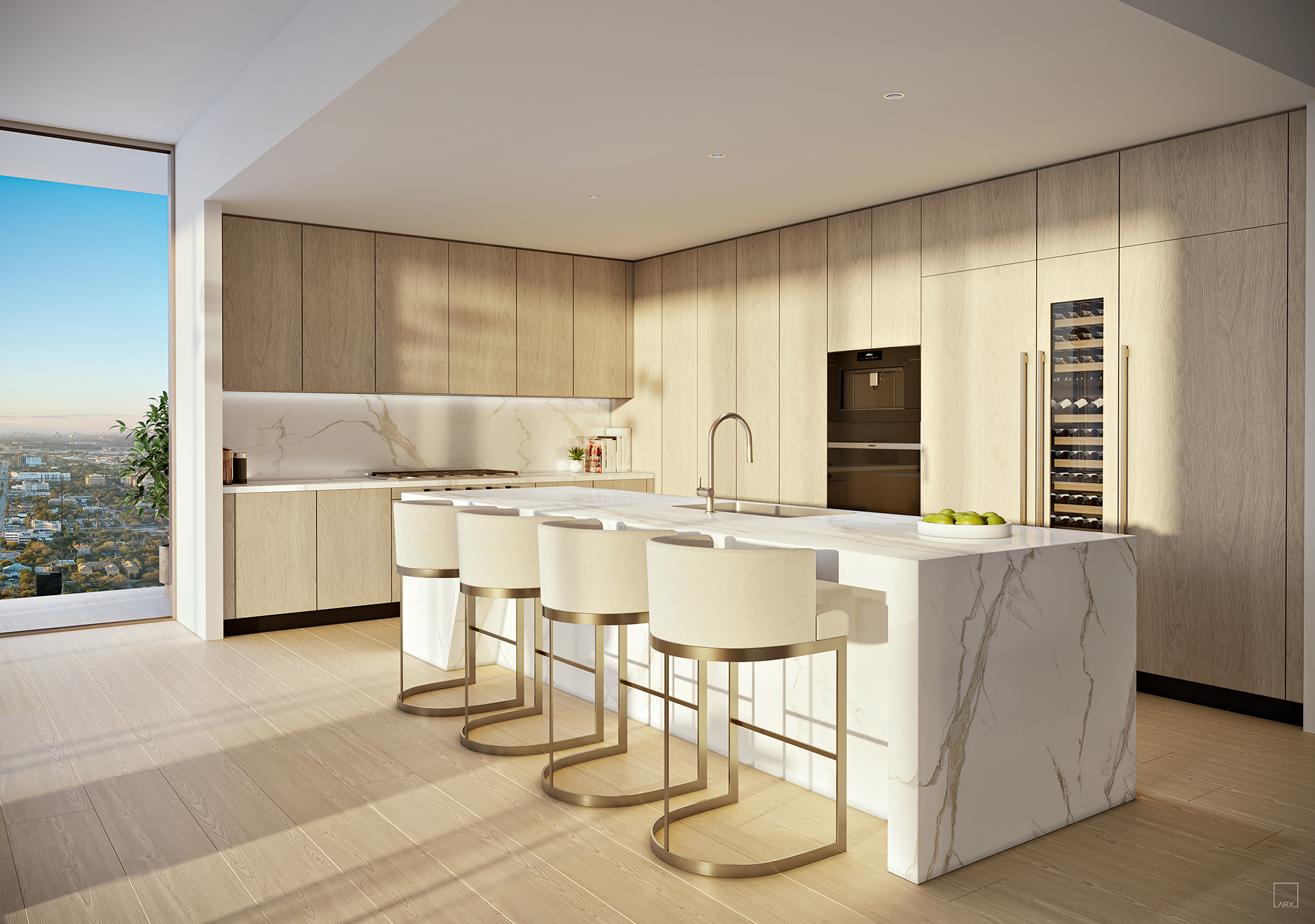 Andare Las Olas Residence D kitchen with waterfall marble island