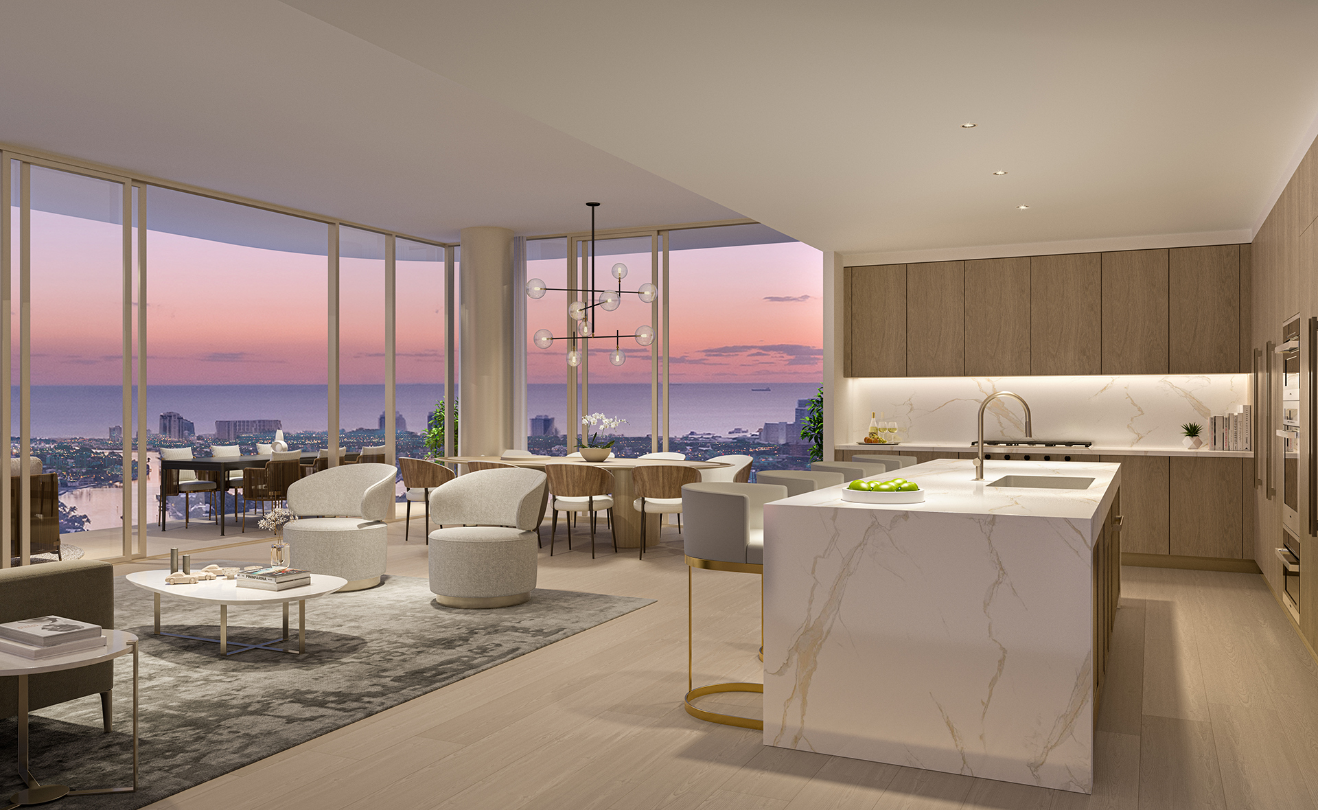 Andare Las Olas Residence D kitchen at dusk with ocean views