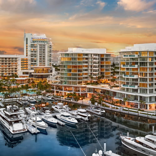 The 164-slip superyacht marina at Pier Sixty-Six Residences at sunset