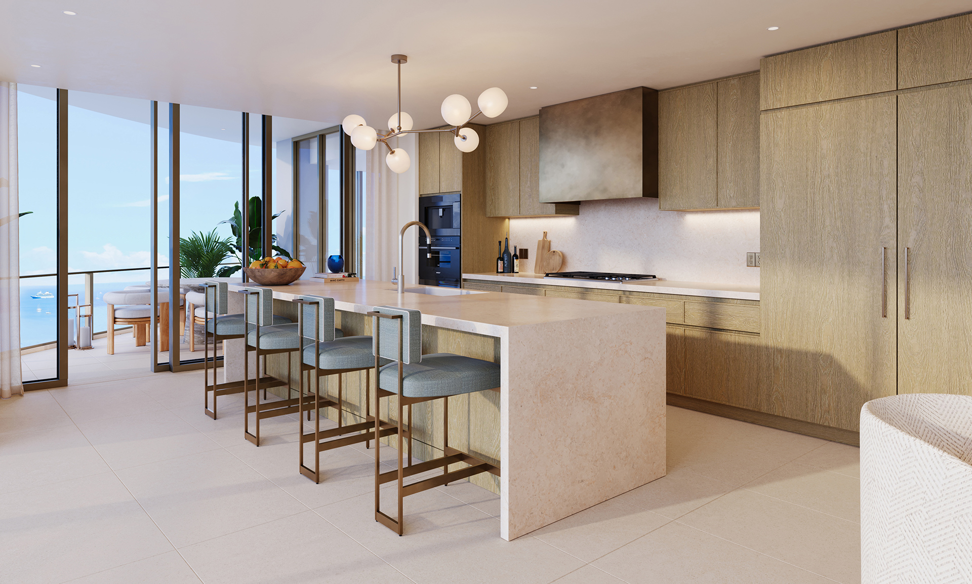 St. Regis Residences Bahia Mar - Unit C kitchen with bronze mullions