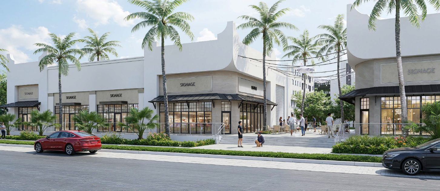 Rendering of The Shoppes of Wilton Manors residential building from the street, with palm trees