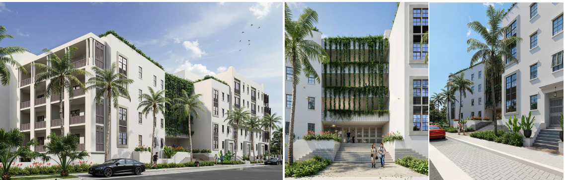 Rendering of the residential building entrance with landscaping
