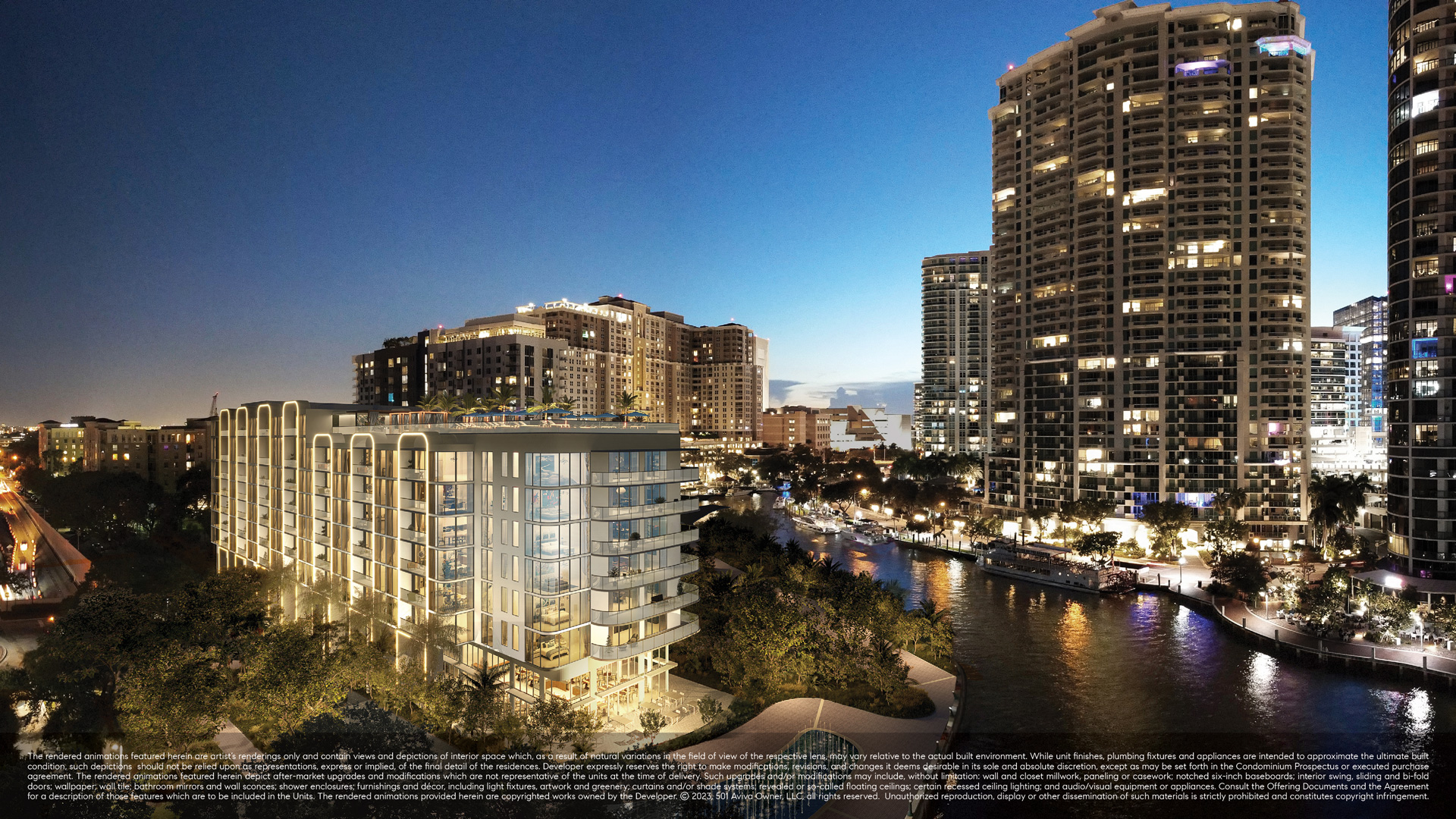 Sixth & Rio exterior at twilight overlooking the New River, Fort Lauderdale