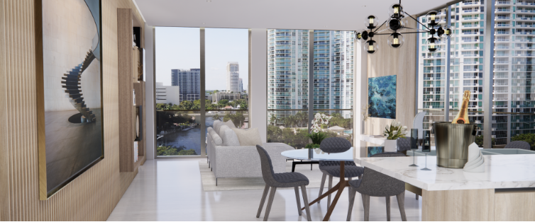 Sixth & Rio residence dining area and kitchen island with city and river views