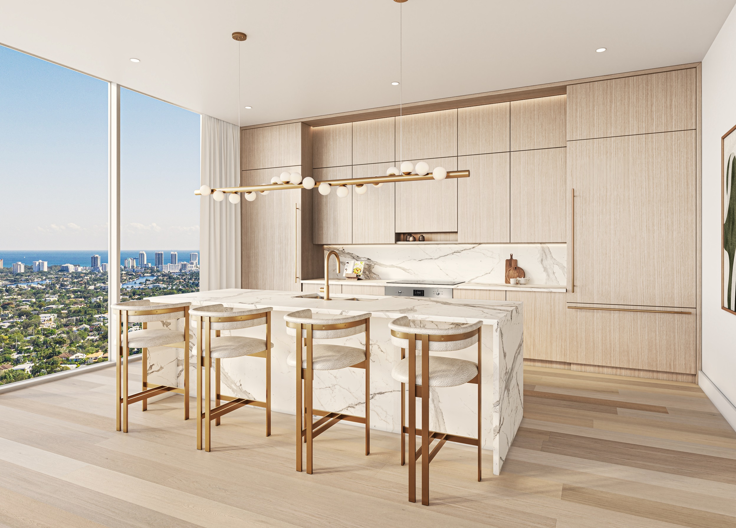 Ombelle kitchen rendering with European oak cabinetry
