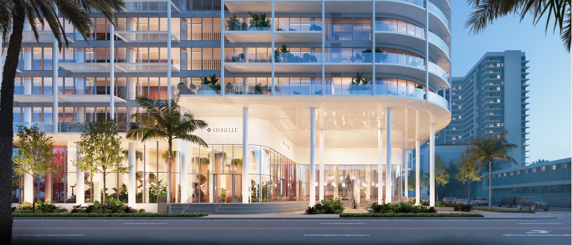 Ombelle ground-level plaza entry rendering