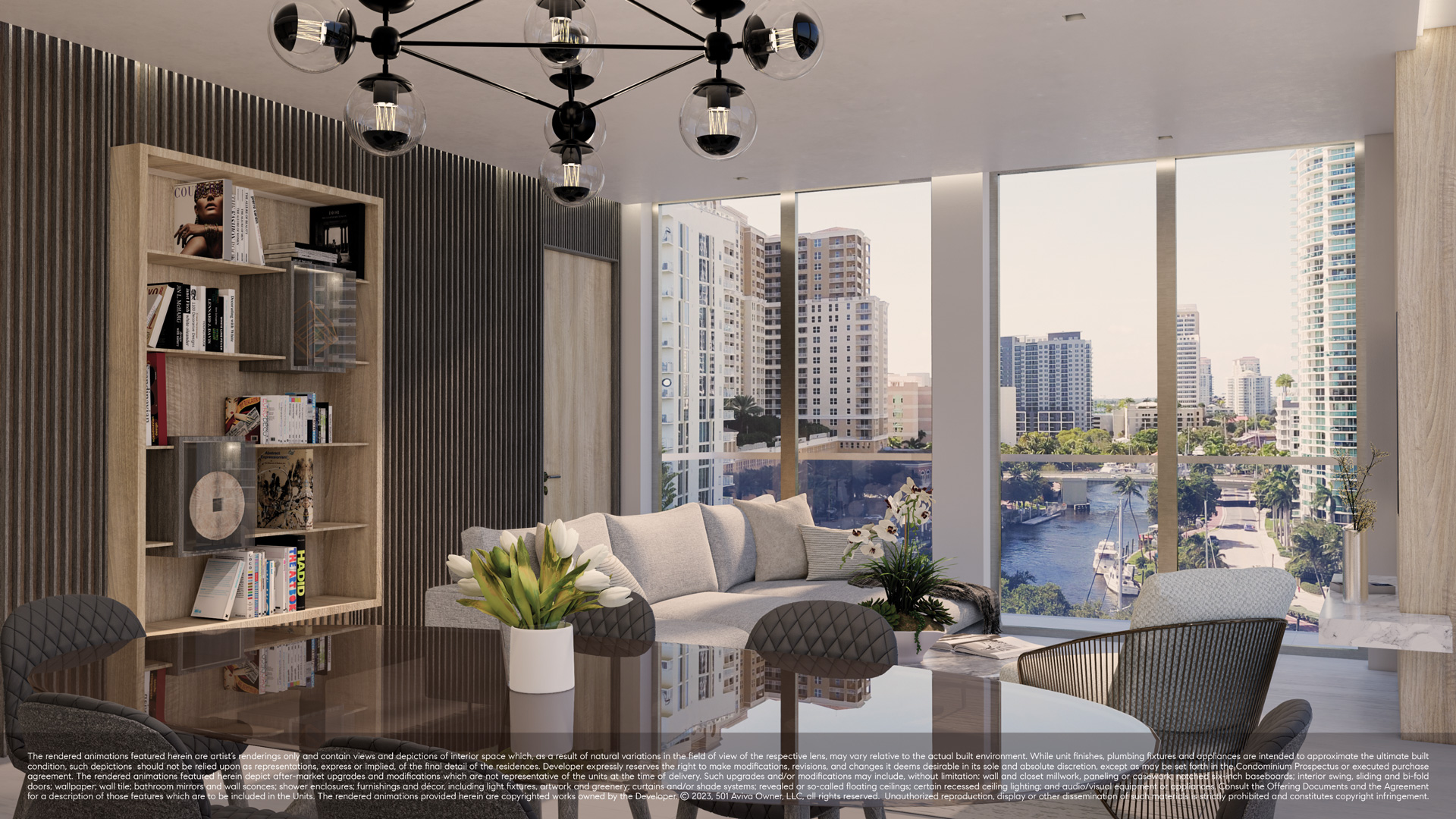 Sixth & Rio residence living room with built-in shelving and New River views