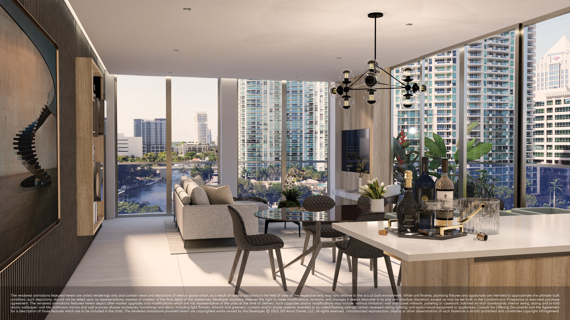 Sixth & Rio residence dining area with sculptural staircase artwork and river views