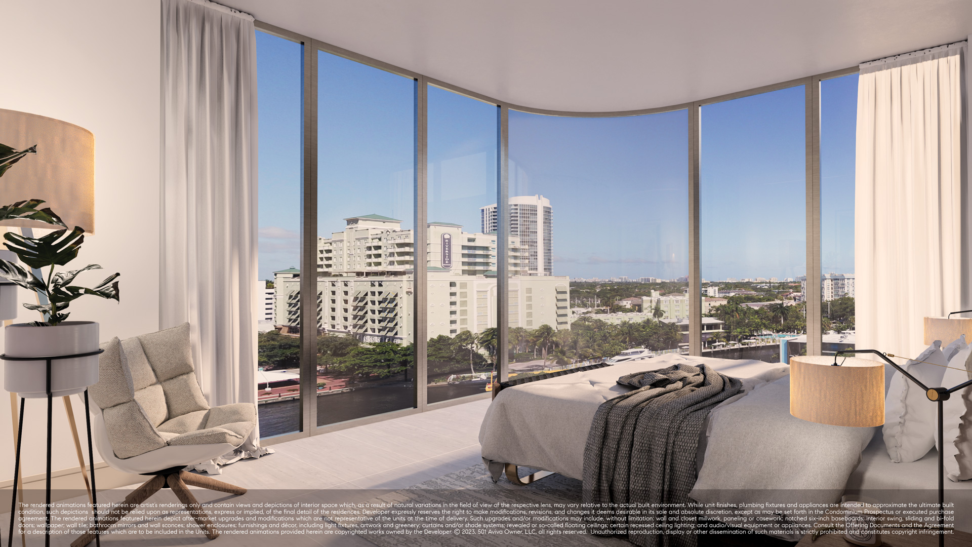 Sixth & Rio residence bedroom with curved floor-to-ceiling glass and waterfront views