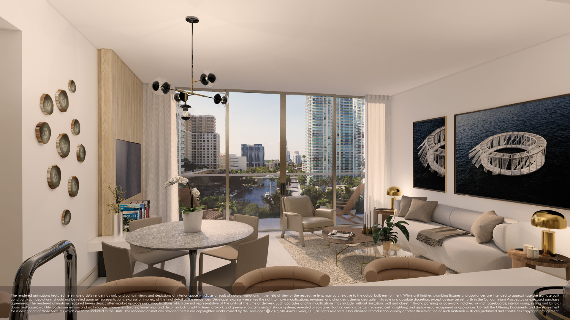 Sixth & Rio residence living and dining area with private balcony overlooking the river