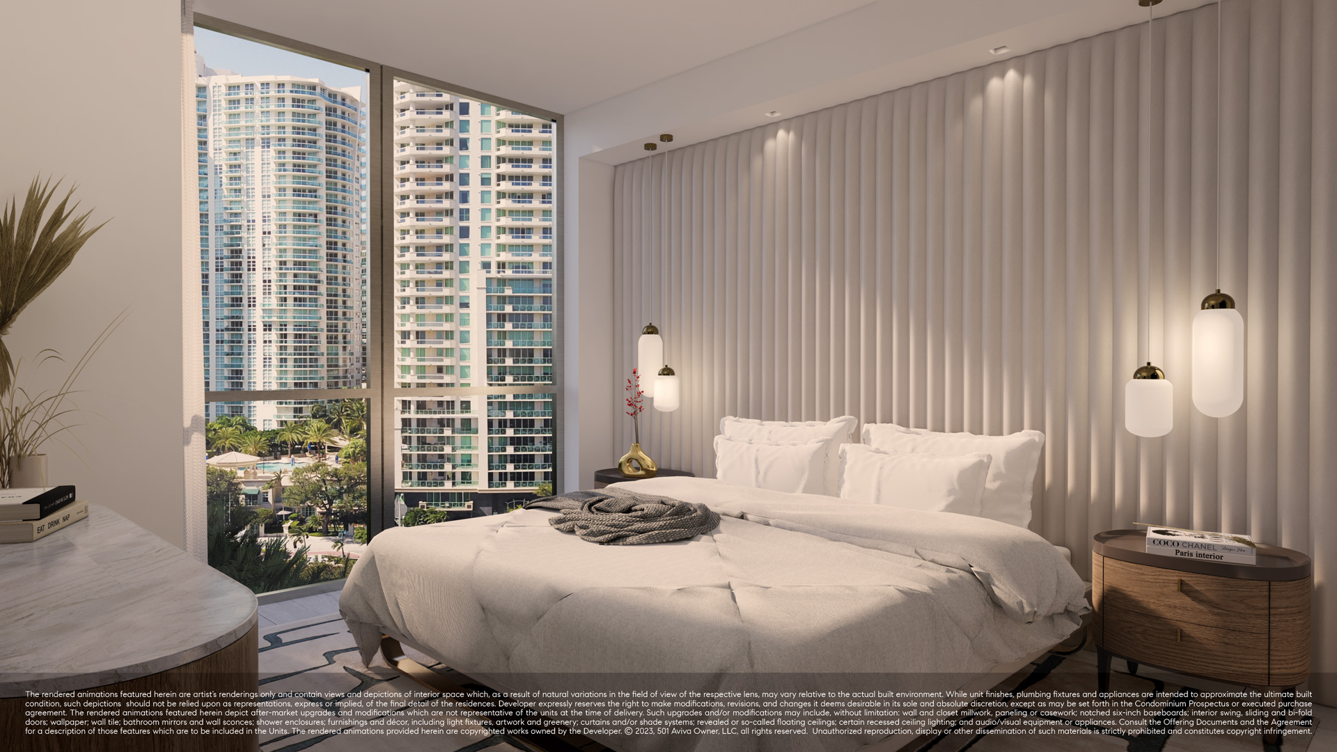 Sixth & Rio residence bedroom with floor-to-ceiling city views