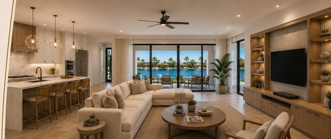 Glass House on 27 great room and open kitchen with waterway view