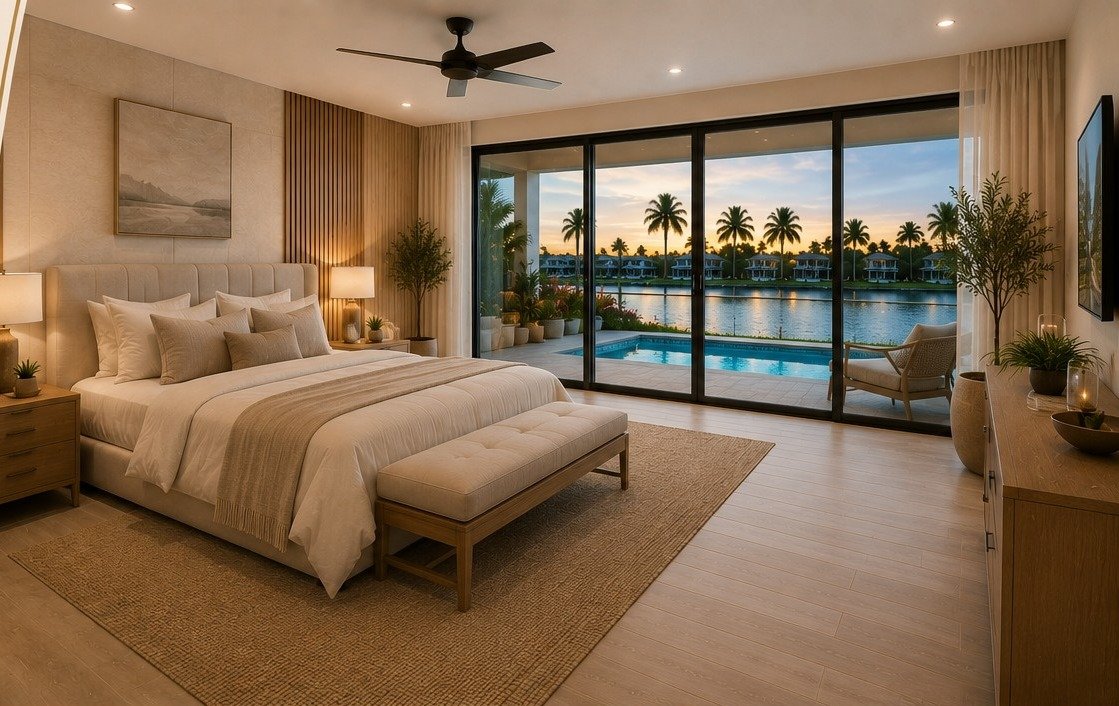 Glass House on 27 primary suite with sunset water view