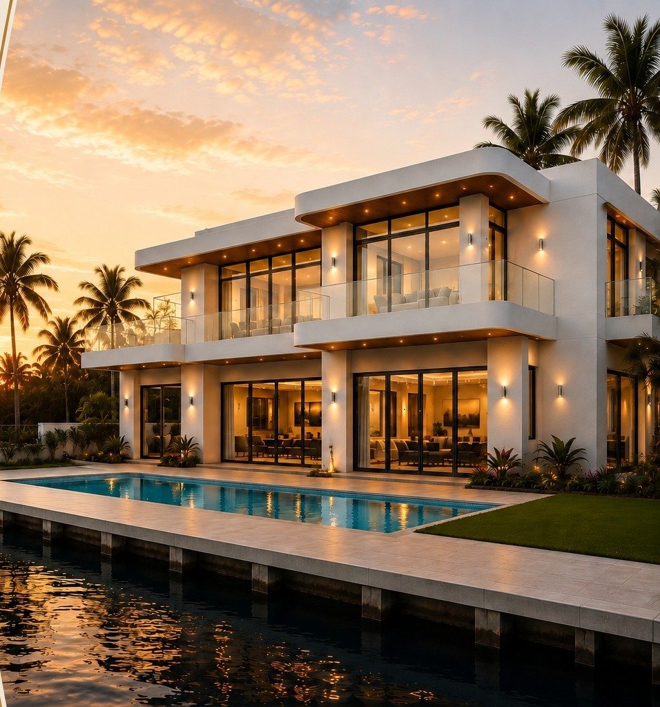 Glass House on 27 rear elevation at golden hour along the canal