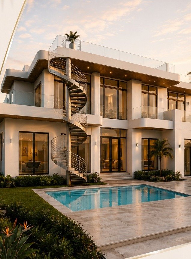 Glass House on 27 rear pool deck with spiral staircase to rooftop