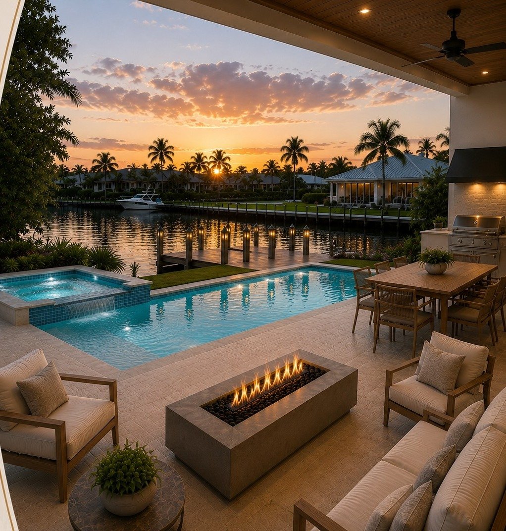 Glass House on 27 resort-style pool and spa at dusk