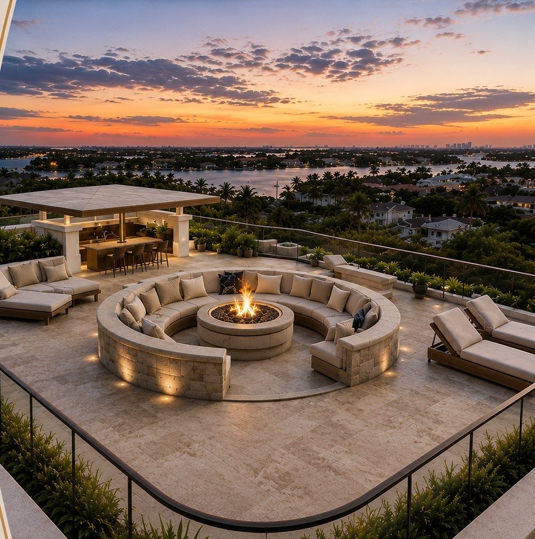 Glass House on 27 rooftop sky lounge at sunset with fire feature and wet bar