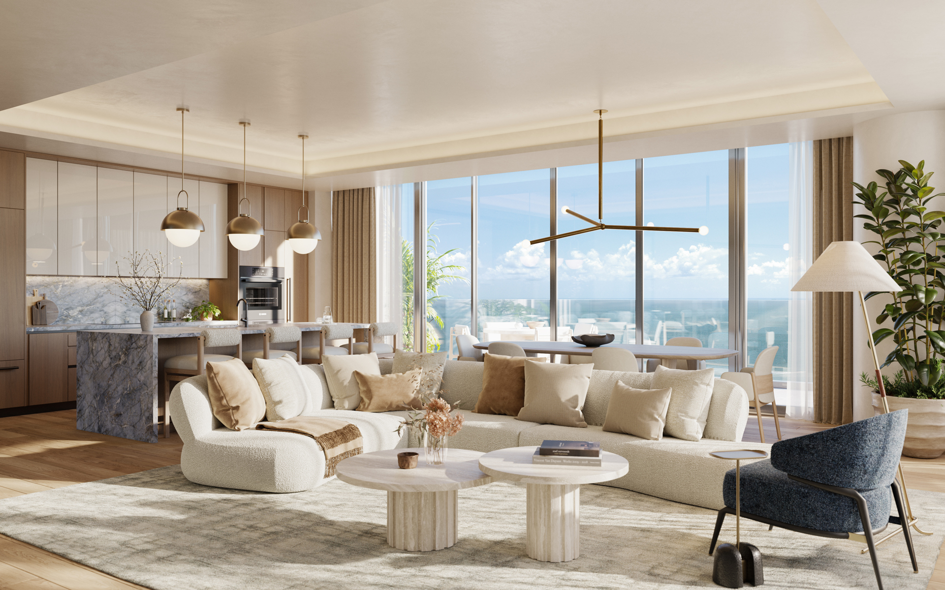Icon Beach Waterfront Residences living room and kitchen with water views