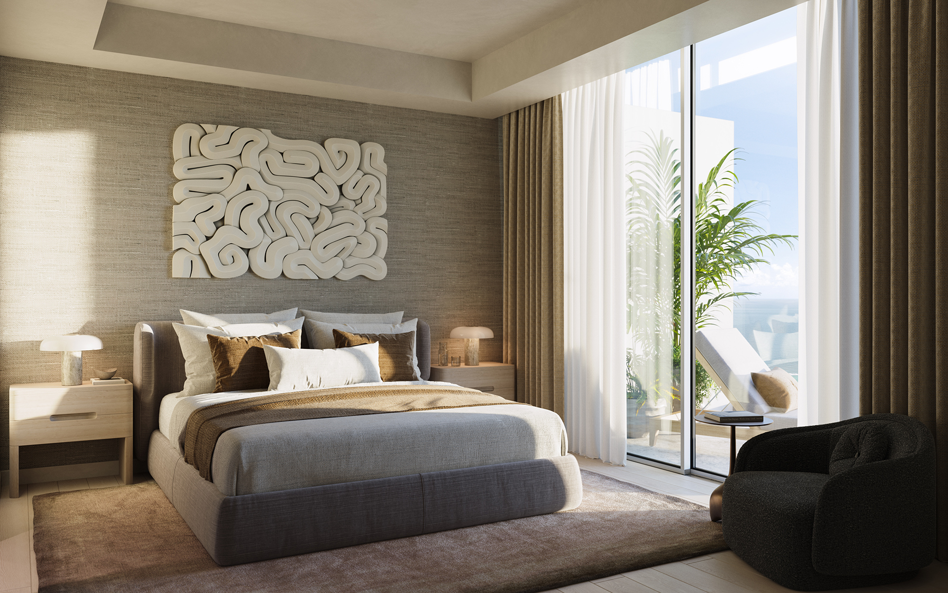 Icon Beach Waterfront Residences primary bedroom with terrace