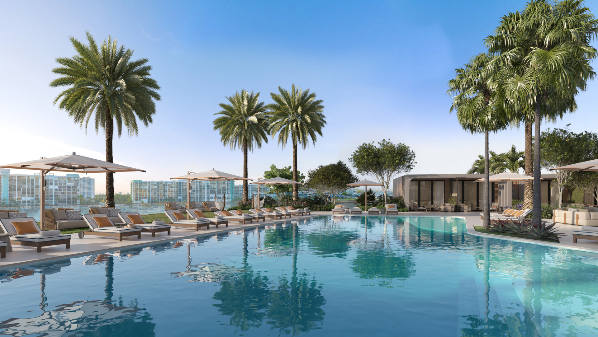 Icon Beach Waterfront Residences sunset pool and lounge deck