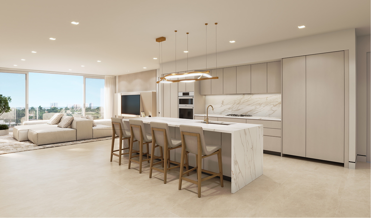 Lumiere Las Olas kitchen and living area rendering with waterway view