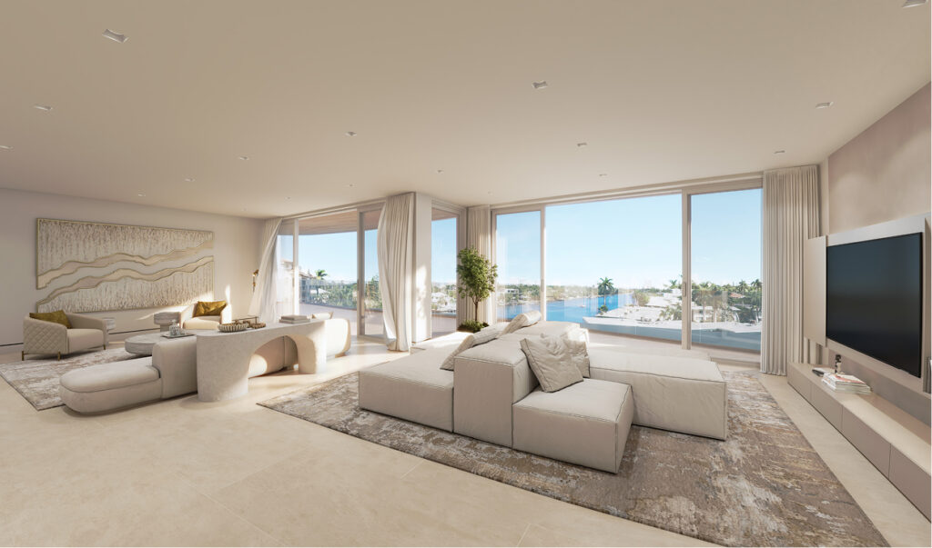 Lumiere Las Olas living room rendering overlooking the marina