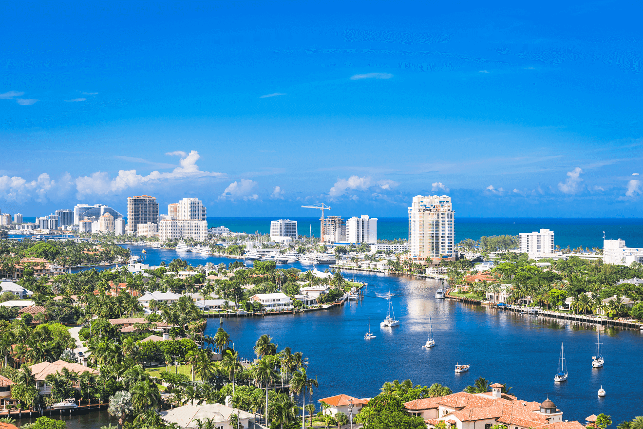 Aerial view of the Fort Lauderdale waterways, boats and downtown skyline
