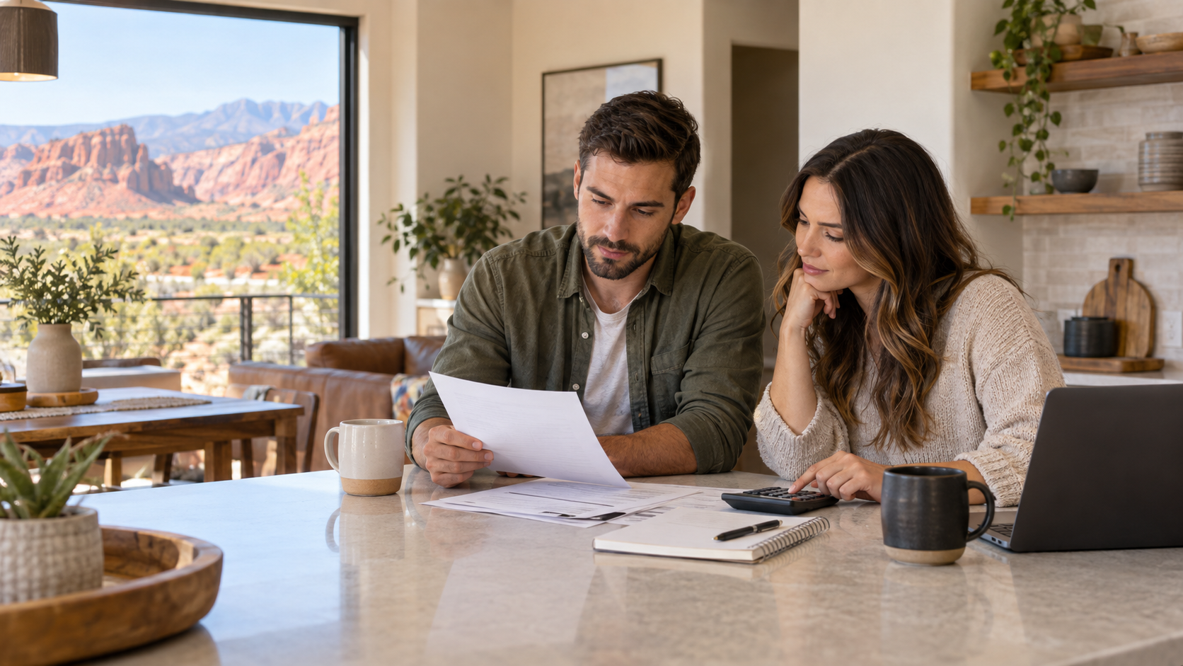 Couple reviewing mortgage paperwork in a Southern Utah home