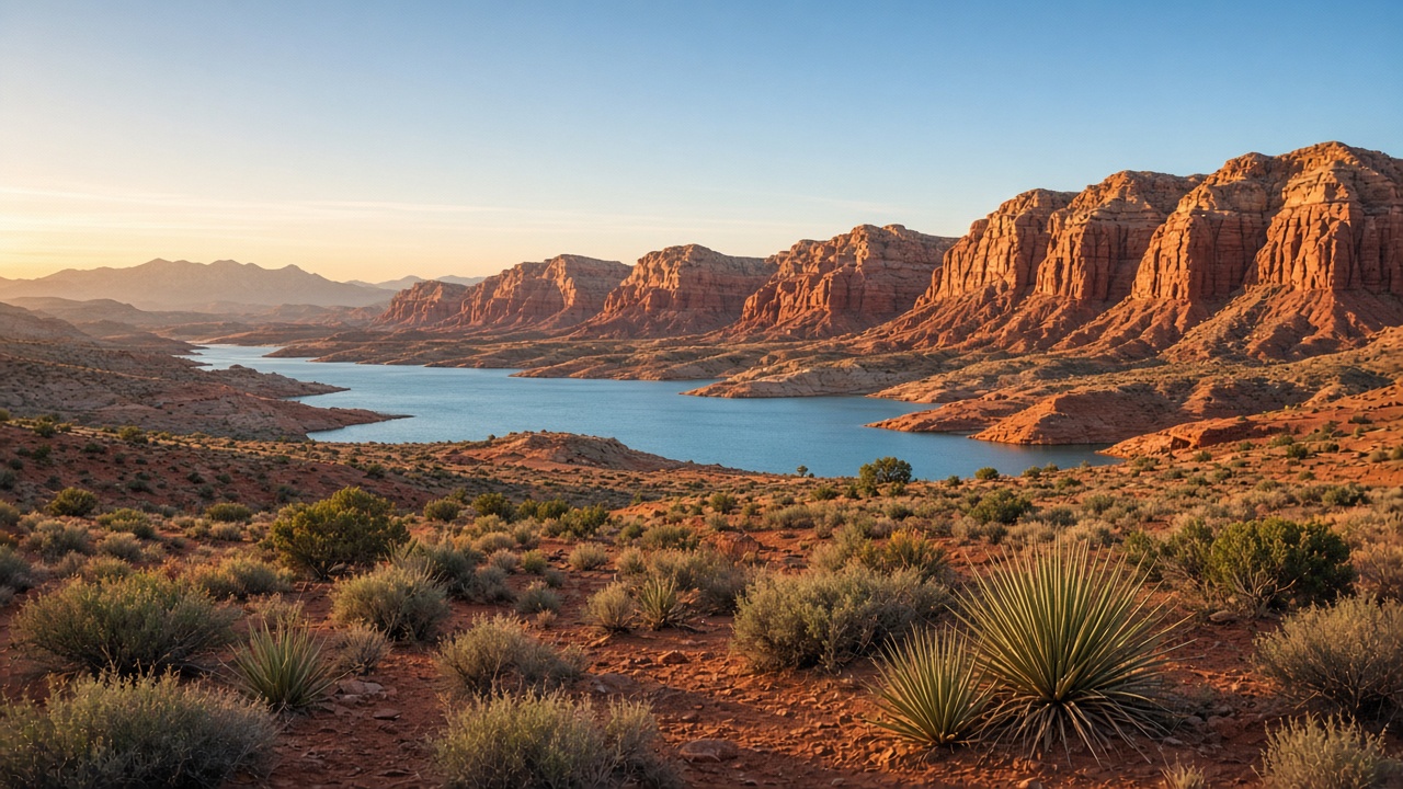 Red rock cliffs and reservoir near Hurricane, Utah