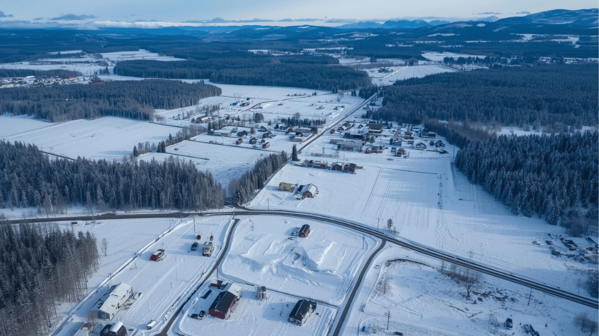 Aerial view of rural properties and snowy landscapes in 100 Mile House, showing the winter layout and surroundings of Cariboo homes