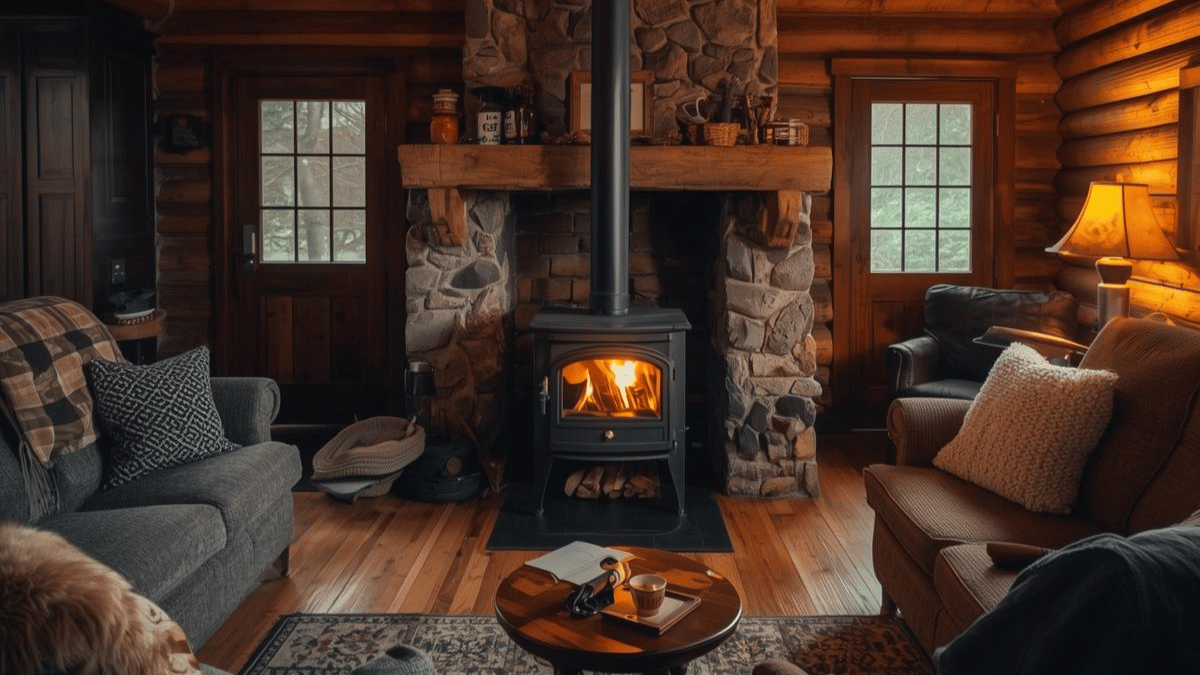 Cozy interior of a rural home in winter, showing heating systems and energy efficiency for Cariboo properties