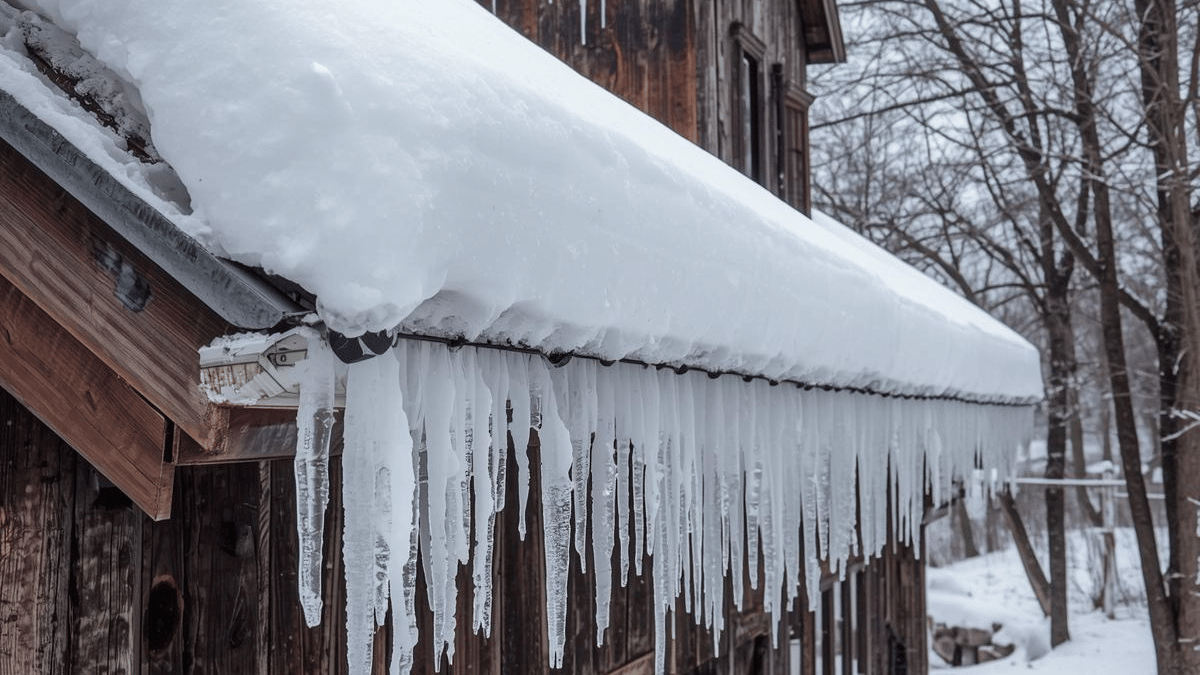 Rural home roof covered in snow, showing potential snow load issues and structural considerations in winter