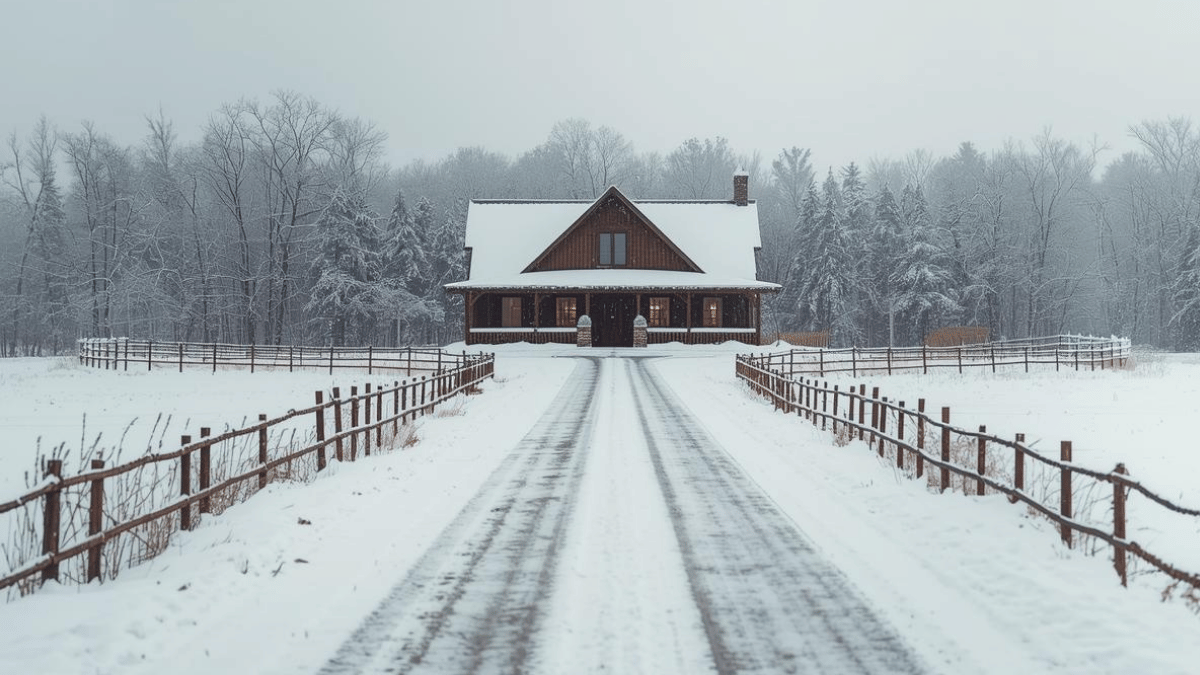 Long snow-covered driveway highlighting access considerations for rural homes in the Cariboo region
