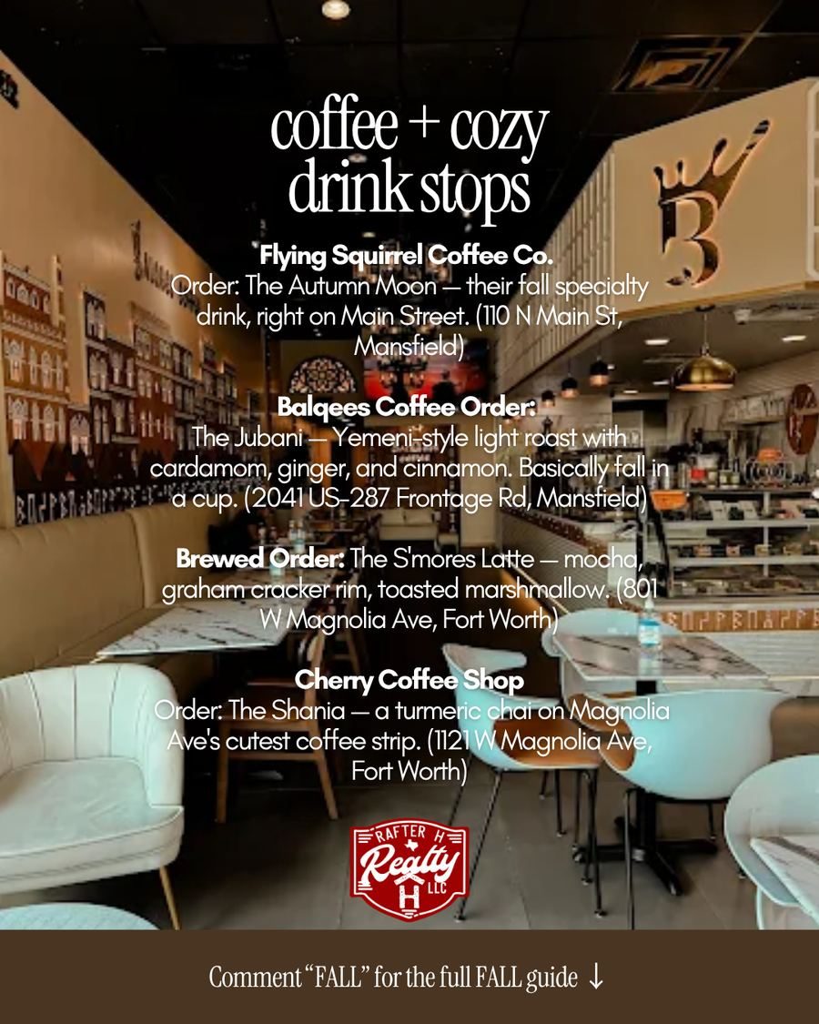 Cozy coffee shop interior with warm lighting, a fall coffee stop near Mansfield, TX