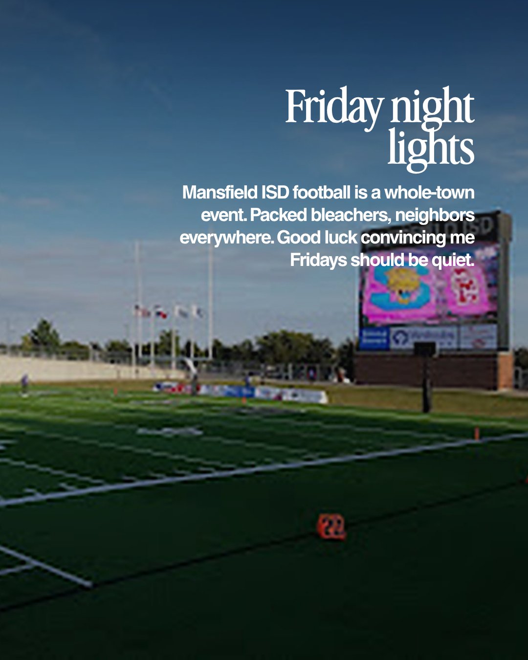 Mansfield ISD football stadium with the words Friday night lights