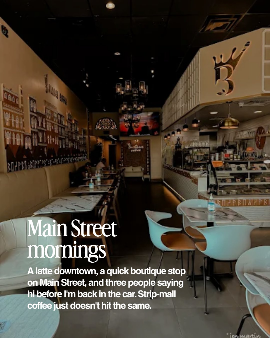 Cozy local coffee shop interior with the words Main Street mornings